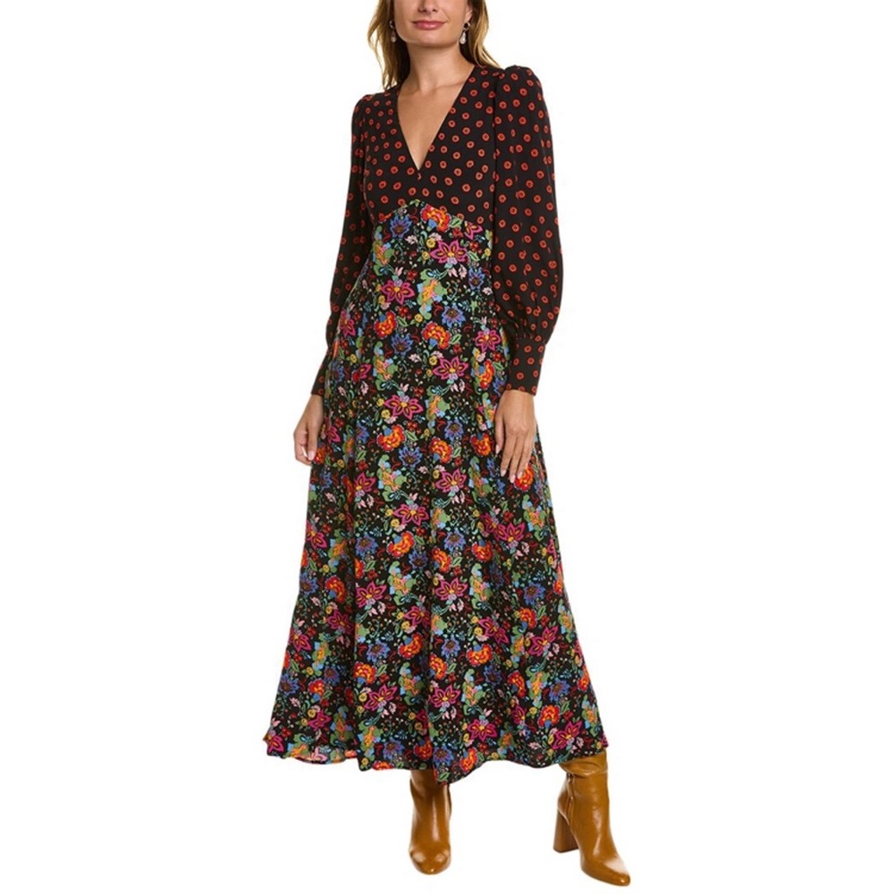 Boden Blouson Sleeve Maxi Tea Dress in Black & Red Floral Print